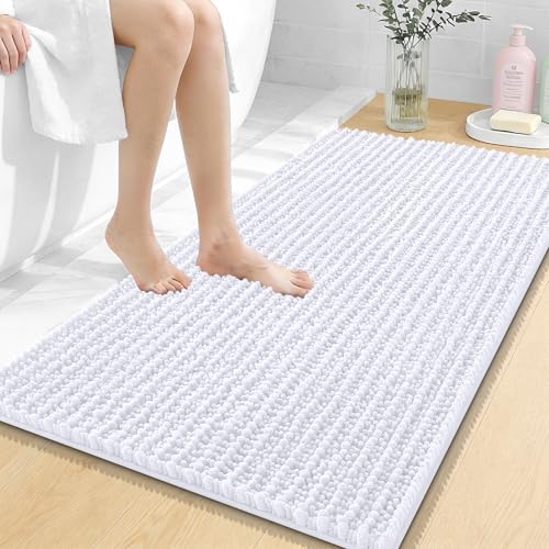 OLANLY Bathroom Rugs 44x24, Thick Soft Absorbent Chenille Bath Rugs | White, Shaggy Bath Mat with Quick-Drying Rubber Backing, Machine Washable for Floor, Tub and Shower, Home Decor Accessories - color: White, size: 44" x 24"