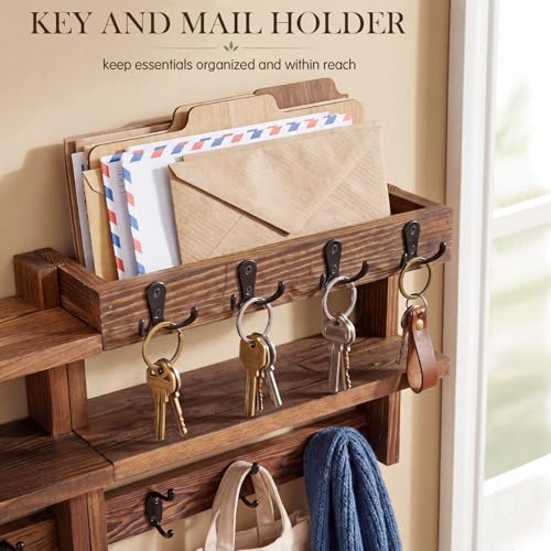 28" Coat Rack Wall Mount with Shelf 4 in 1 Two Tier Wall Shelf Coat and Key Hanger with 11 Hooks Entryway Key Holder with Mail Holder for Hallway Entryway Bathroom Mudroom Bedroom, Rustic Brown