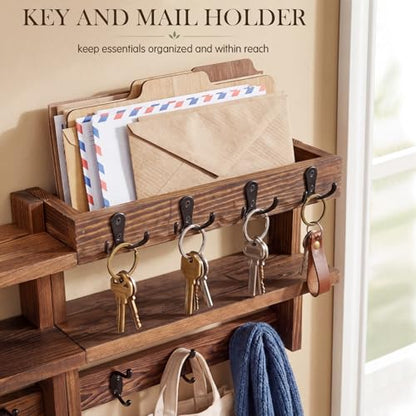 28" Coat Rack Wall Mount with Shelf 4 in 1 Two Tier Wall Shelf Coat and Key Hanger with 11 Hooks Entryway Key Holder with Mail Holder for Hallway Entryway Bathroom Mudroom Bedroom, Rustic Brown