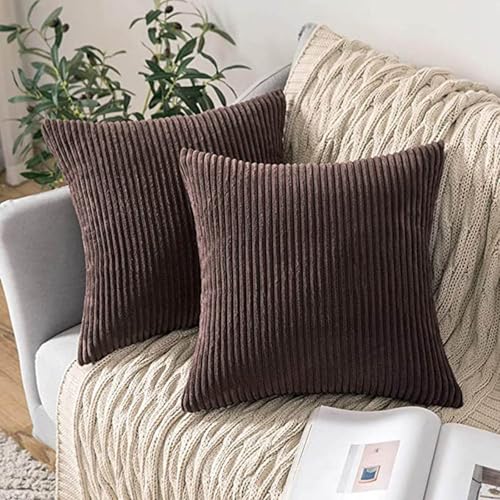 18x18 Throw Pillow Covers Pack of 2, Soft Corduroy Striped Boho Throw Pillow Covers,Cushion Case,Decorative Pillow Covers for Living Room Home Decor Cushion Farmhouse - color: Brown