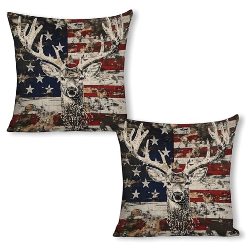 American Flag Deer Throw Pillow Covers Linen Pillow Cases 18x18 Inch Square Cushion Pillowscover Modern Farmhouse Decor Set of 2 for Sofa Bedroom Living Room Car - color: American Flag Deer, size: 18" x 18" (Pack of 2)