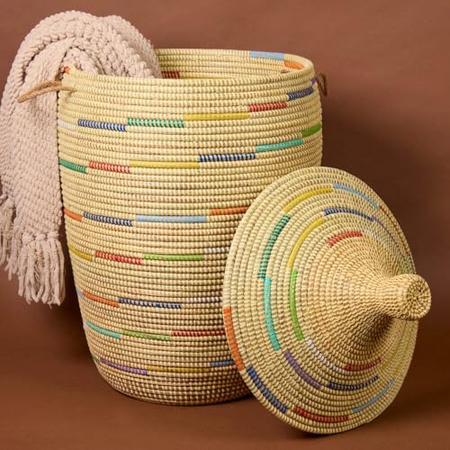Tall Large Decorative Wicker Storage Basket with Lid, Laundry Hamper, Blanket Storage, Toys Bin, Clothes Holder, Boho Style (Colors Beige) - color: Beige Color Swirl