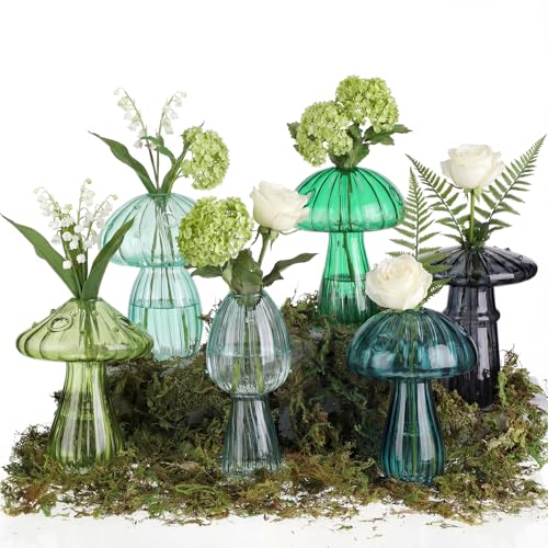 7 Pcs Glass Mushroom Vase Propagation Station with Hydroponic Plant and Artificial Fake Moss 6 Colored Plant Vase Table Centerpiece Decor for Forest Birthday Wedding Party Decoration (Green) - color: Green
