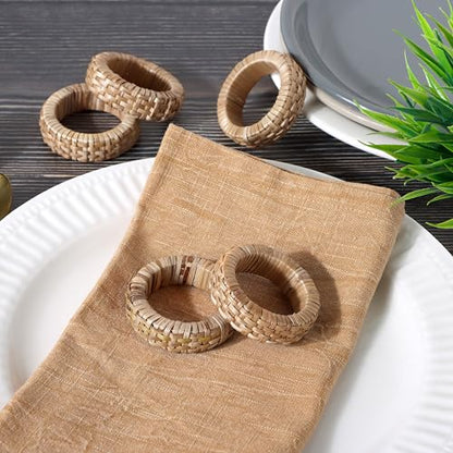 Alpha Living Home Rattan Napkin Rings, Set of 12, Natural Woven | Plastic cane & rayon, 2.5x2.5x0.5 in each, boho farmhouse style, reusable, weddings, parties, bulk pack - color: Tan Natural, size: 12- Pack