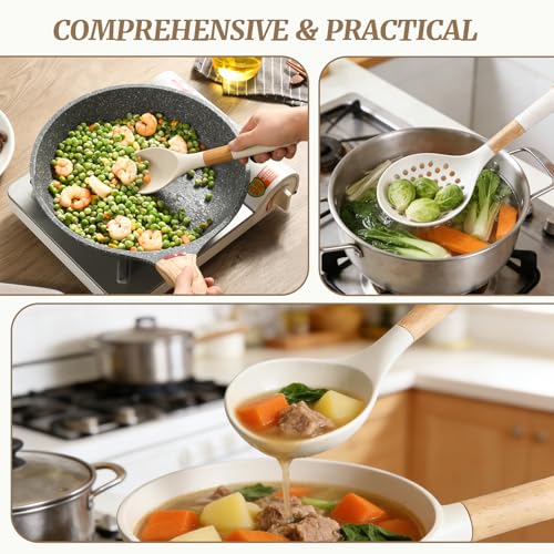 Chef Kitchen Cooking Utensils Set, Heat Resistant Silicone Kitchen Utensils Sets with Storage Rack, 7PCS Gadgets Tools Set with Wooden Handle for Nonstick Cookware,Tongs, Turner, Skimmer (White) - color: White