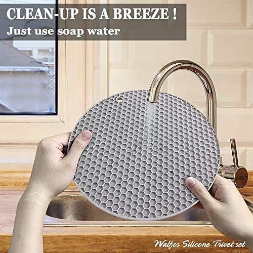 Walfos Silicone Trivet Mats - 4 Heat Resistant Pot Holders, Multipurpose Non-Slip Hot Pads for Kitchen Potholders, Hot Dishers, Jar Opener, Spoon Holder, Food Grade Silicone & BPA Free (Round) - style: 7in, 4 Grey Round