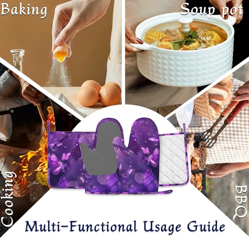 Purple Butterfly Oven Mitts and Pot Holders Sparkling Abstract Silicone Kitchen Accessories Set of 4 Heat Resistant Non-Slip Long Gloves Potholder for Chef Cooking Baking Gifts Women Men - color: Purple Butterfly,sparkling Abstract