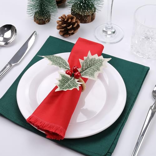 wonlex Farmhouse Napkin Ring Buckle Set of 12, Natural Rustic Serviette Buckles Holder for Table Decoration, Wedding, Thanksgiving Day,Christmas(Holly) - style: Holly