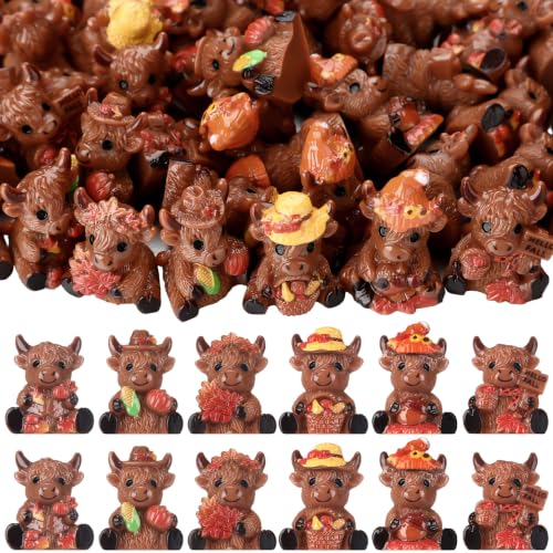 Yaomiao 60 Pcs Mini Resin Highland Cow Fall Maple Leaf Gnomes Statues Pumpkin Gnome Figures Table Decor for Fall Autumn Holiday Festive Home Kitchen Tiered Tray - style: Fall Highland Cow
