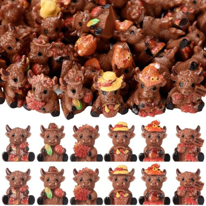 Yaomiao 60 Pcs Mini Resin Highland Cow Fall Maple Leaf Gnomes Statues Pumpkin Gnome Figures Table Decor for Fall Autumn Holiday Festive Home Kitchen Tiered Tray - style: Fall Highland Cow