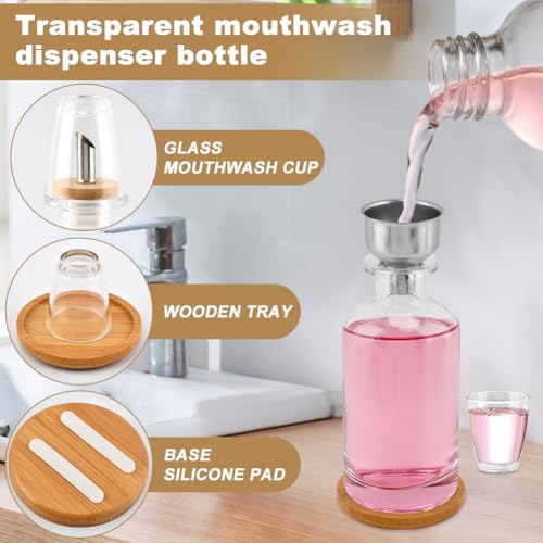Glass Mouthwash Dispenser with Serving Tray and Funnel Set - Reusable Bottle for Mouthwash, Oil, Soap, or Vinegar with No-Drip Spout & Easy-Pour Design(Clear)