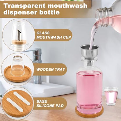Glass Mouthwash Dispenser with Serving Tray and Funnel Set - Reusable Bottle for Mouthwash, Oil, Soap, or Vinegar with No-Drip Spout & Easy-Pour Design(Clear)