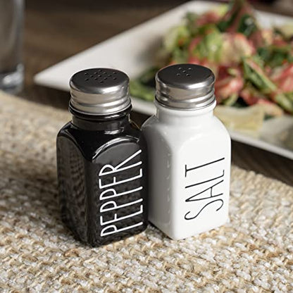Farmhouse Ceramic Salt and Pepper Shakers Set with Extra Lids. 100% Stoneware Salt and Pepper Shaker Set. Black Pepper and White Salt Shaker with Lid x4. Kitchen Salt Pepper Shakers - color: White/Black
