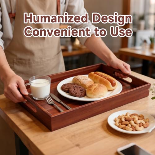 17 x 12 Inch Acacia Wood Large Serving Tray with Handles | Multi-use Tray for Coffee Table, Ottoman, Bed Breakfast, Included Free Leather Mat