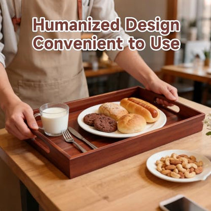 17 x 12 Inch Acacia Wood Large Serving Tray with Handles | Multi-use Tray for Coffee Table, Ottoman, Bed Breakfast, Included Free Leather Mat