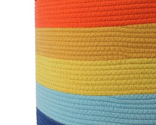 16"x20" Extra Large Cotton Rope Basket with Zipper Lid, Woven Laundry Hamper and Blanket Storage Basket, Round Clothes Bin for Living Room Bedroom, Rainbow & White - color: Rainbow/White