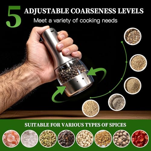 Electric Salt and Pepper Grinder Set - Larger Capacity Pepper Mill | Stainless Steel Automatic Salt and Pepper Shakers - 5 Adjustable Coarseness Rechargeable Pepper Grinder with LED Light