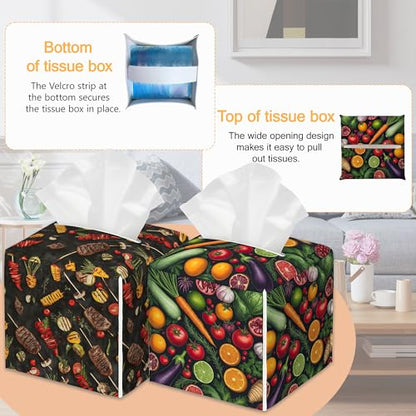 Vegetables 2 Pcs Tissue Box Cover Square, Spring Fruit BBQ Tissue Box Holder Waterproof Leather Facial Paper Organizer Dispenser for Bathroom Home Car Nightstand - color: Vegetables