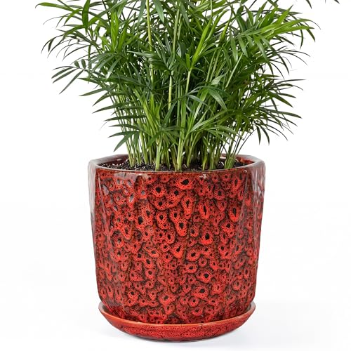 7.8 Inch Ceramic Plant Pot with Drainage Hole Mesh Net, Large Flower Pots for Indoor Plants with Saucer, Gardening Pots Outdoor (Red) - color: Peacock Red, size: 7.8 Inch