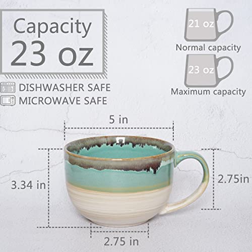 Ceramic Jumbo Coffee Mug Set of 2, 23 Oz, Large Mug Soup Bowls with Handles, Dishwasher and Microwave Safe (Green) - color: Green