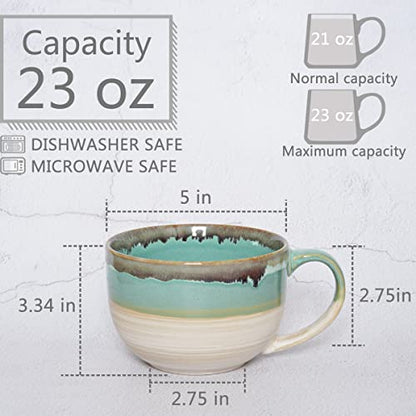 Ceramic Jumbo Coffee Mug Set of 2, 23 Oz, Large Mug Soup Bowls with Handles, Dishwasher and Microwave Safe (Green) - color: Green
