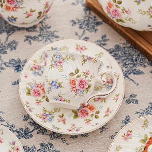 Agyiuns tea cups and saucers ceramic coffee mug 6oz set of 4 for Latte, Cafe Mocha, white with flowers - color: White and small floral-set of 4