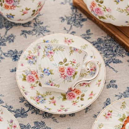 Agyiuns tea cups and saucers ceramic coffee mug 6oz set of 4 for Latte, Cafe Mocha, white with flowers - color: White and small floral-set of 4