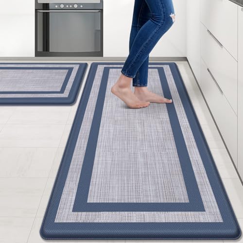 Mattitude Kitchen Mats Set of 2,Cushioned Anti-Fatigue Non-Skid Rug Sets | Ergonomic Comfort PVC Kitchen Mats for Floor,Soft Standing Mat for Kitchen,Floor,Office,Sink,Laundry, Blue Frame - color: Blue Frame, size: 17.3" x 47 "+ 17.3" x 29 "--0.47 inches