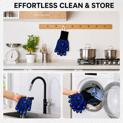 IGNISGUARD® BBQ Gloves, Heat Resistant Grill Gloves, 1 Pair, Blue (M) | EN407:2020 tested with textured silicone grip, three-layer construction and long knit cuff for added wrist coverage. - color: Blue, size: Medium