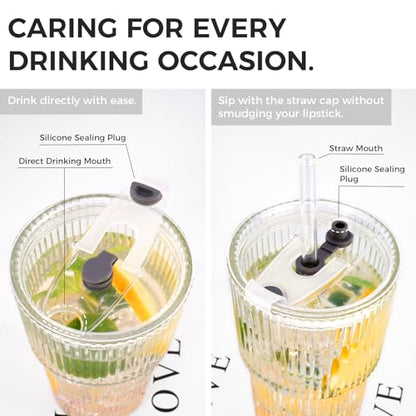 4PCS 20oz Glass Cups with Lids and Straws, Iced Coffee Cups with Lids, Stylish Ribbed Thick Drinking Glasses Tumbler for Juice, Smoothies, Cold Beverages, Cute Cup Gifts with Clean Brush - color: Clear Glass 4PCS