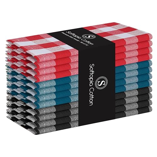 Multi Dish Towels 12 Pack Combo, 18"x26", Quick Drying Cloths, 100% Cotton, Absorbent Wash Rags, Washable, Reusable Cleaning Towels for Dishes, Kitchen Drying Use - Red, Black, Teal - color: Multi - Gingham Plaid, size: 16 X 26 - 12 Pack
