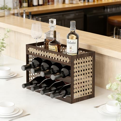 3-Tier Counter Wine Rack, Wine Racks Countertop & Wine Rack for Inside Cabinet - Solid Pine Wood & Rattan Mesh, Tilted Design, Portable Bar for Home Kitchen