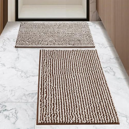 Chenille Bathroom Rugs Set 2 Piece, Absorbent Bath Rugs, Non-Slip Bath Mats, Machine Washable Rugs for Bathroom Floor, Tub and Shower, Coffee&White (20 × 32 Plus 17 ×24 - Inch) - color: Brown &White