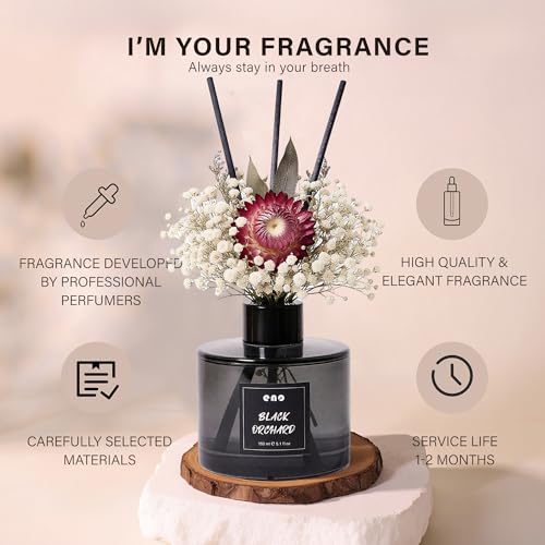 Reed Diffuser Set with Dried Flowers, 5.1 fl oz / 150ml, Black Orchard - Home Fragrance Diffuser with Sticks for Bathroom Shelf Decor, Bedroom, Office & Gift