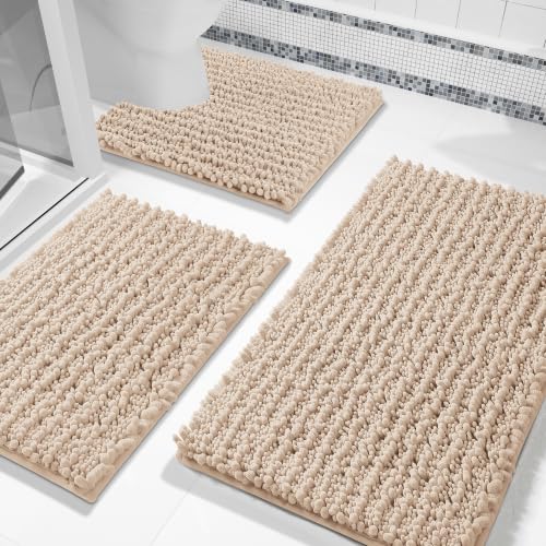 Yimobra Bathroom Rug Set 3 Piece - Super Absorbent Quick Dry Chenille Bath Mats & Toilet Rug, Non Slip Machine Washable, Extra Thick Shaggy Floor Mat for Shower Tub Sink, Light Brown - color: Light Brown, size: 24"x17" + 24"x20" + 30"x20"