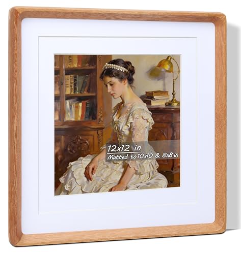 Square 12x12 Picture Frame with Mat for 8x8/10x10, USA-Sourced Natural Teak Wood Handcrafted Rounded Corner with Real Glass, Vertical or Horizontal Display Photo Gallery Wall Mounting Frame - color: Teak, size: 12x12 Matted to 8x8/10x10