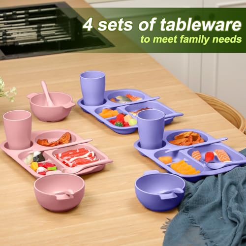 Honoson 24 Pcs Wheat Straw Dinnerware Cutlery Set, Service for 4, Unbreakable Plates and Bowls Set - Divided Plates, Bowls, Spoons, Forks & Knives, Microwave & Dishwasher Safe(Light Purple and Pink) - color: Light Purple, Light Pink
