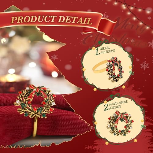 KPOSIYA 16pcs Christmas Wreath Napkin Rings Set of 8 and 8 Christmas Napkins Cloth, Napkins holdes for Dinning Table Setting Decoration, Xmas Dinner Tables Rings for Winter Party - size: 8pcs, style: Xmax Garland & Cloth