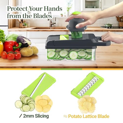 12-in-1 Vegetable Chopper 7 Blades, Veggie Cutter with Handle, Green/Grey | Stainless Steel Blades, Food Container and Lid, Dicer, Slicer, Julienne, Egg Separator, Non-slip Base, Include Cleaning Tools - color: Green, size: 7 blades