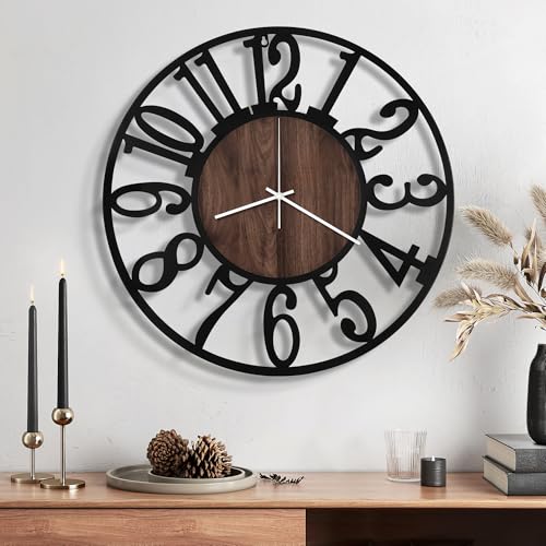 Maxstar 16" Silent Wall Clock – Battery Operated, Rustic Metal & Wood | Non-Ticking Quartz Movement,Round Small Clocks for Living Room, Bedroom, Office, Kitchen or Farmhouse Decor (Brown-Wood) - color: Brown, size: 16 Inch