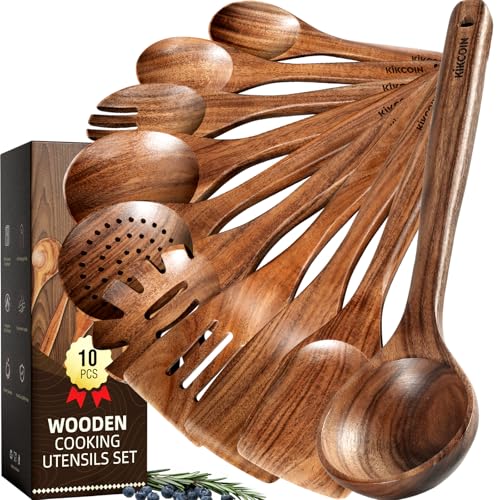Kikcoin 10 PCS Durable Natural Teak Wooden Cooking Utensil Set, Non Toxic Wooden Spoons for Cooking, Wooden Utensil Set for Cooking with Comfort Grip, Nonstick & Easy to Clean Wood Kitchen Utensil Set - size: 10-Piece Set