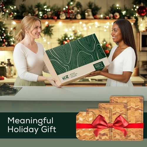 EZ FURNITURE Extra Large (XL) Teak Edge Grain Cutting Board, Reversible, Knife-Friendly Charcuterie Butcher Block, Juice Groove & Handles, Non-Toxic, Gift Box Included (Herringbone, 24" x 18" x 1.5") - color: XL - Herringbone 1.5", size: 24"L x 18"W