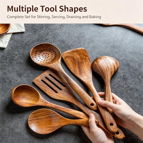 11 Pcs Acacia Wood Kitchen Utensils Set with Storage Holder, Handcrafted Natural Wooden Cooking Tools, Gentle for Non-Stick Cookware, Farmhouse Kitchen Decor & Ideal Housewarming Gift Style-D