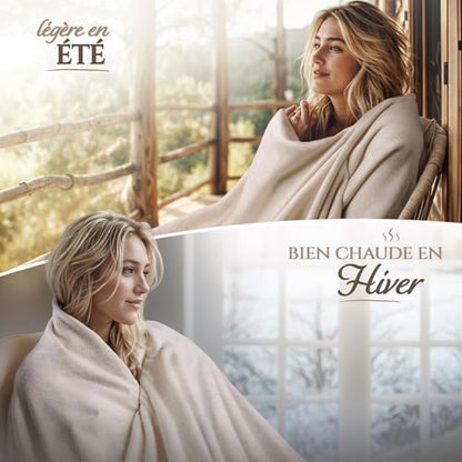 Cashmere Blanket – Hand Woven 100% Pure Wool Throw Blanket, 135 x 270 cm – Fine Herringbone Pattern Cozy, and Soft Blanket for Bed, Sofa, or Couch - Made in Nepal - color: Beige