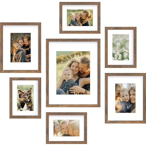 An&He 7 Pack Picture Frames Collage Wall Decor, Gallery Wall Frame Set with One 11x14, Two 8x10 & Four 6x8 Photo Frames, Rustic Brown, Wall & Tabletop Display for Family Photos, Home Office Decor - color: Brown