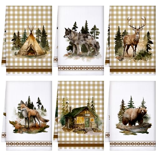 6 Pcs Kitchen Dish Towels Vintage,Classic Color,Animal Style | Christmas Farmhouse Decorative Towels with Elk Wolf Bear Cabin, Gingham Plaid White Backgrounds, Rustic Home Decor - color: Classic Color, style: Animal Style