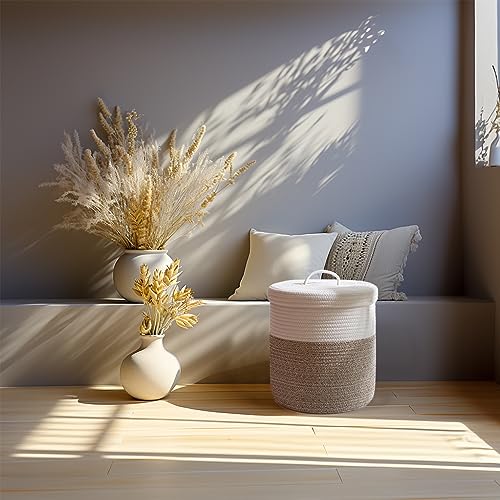 Yimi's Dream Lidded Storage Basket, Medium Brown & White Cotton Rope Basket | Small Round Woven Basket with Lid for Nursery, Baby Toy, Laundry, Yarn, Living Room, Blanket, Organization(11.5''D * 13.5''H) - color: 1 PACK-Brown&White-LIDDED