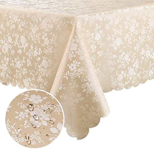 Smiry Rectangle Waterproof Heavy Duty Vinyl Tablecloths, 60 x 84 Inch | Wipeable Washable Floral Embossed Table Cover for Kitchen and Dining Room, Indoor & Outdoor Use, Beige - color: Beige, size: 84" x 60" (Rectangular)