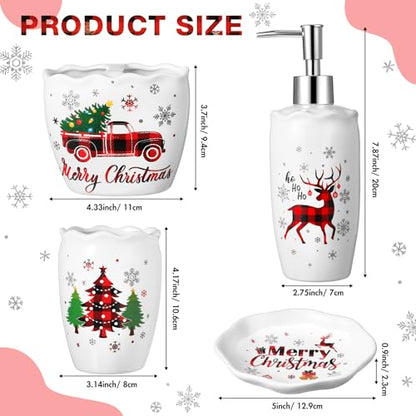 Christmas Bathroom Accessories Set of 4, Christmas Buffalo Bathroom Decor Merry Christmas Bathroom Tumbler Soap Dispenser Toothbrush Holder Soap Dish for Winter Xmas Theme Bathroom Decoration - style: Christmas