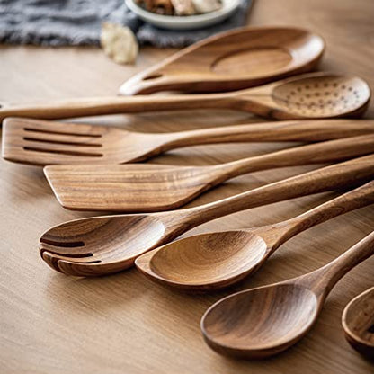 Gudamaye 13 inch Long Wooden Spoons for Cooking,Wooden Utensils for Cooking with Utensils Holder,9 PCES Wooden Kitchen Utensils Set with Utensils Holder and Spoon Rest,Natural Teak Wooden Spoons Set - size: 9 PCS with Holder